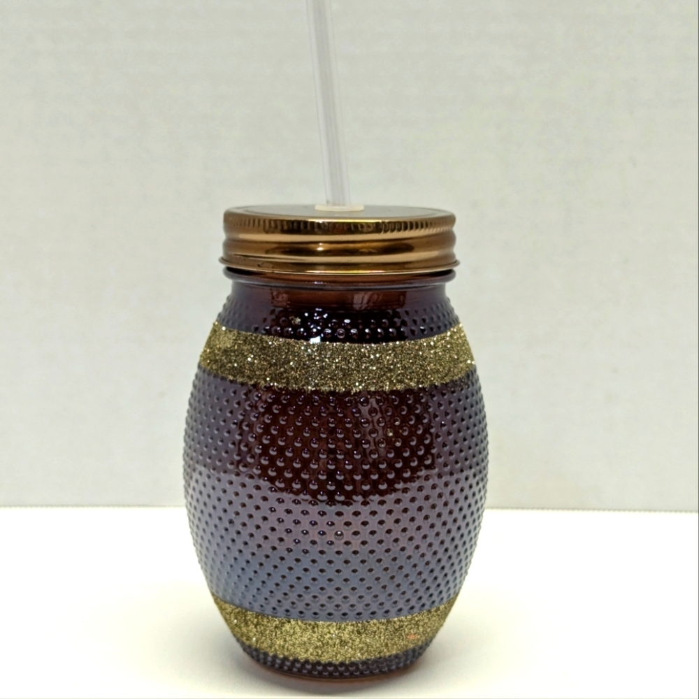 Glittery Football Glass Mason Jar Tailgate Tumbler Cup with Lid & Straw - Picture 2 of 4